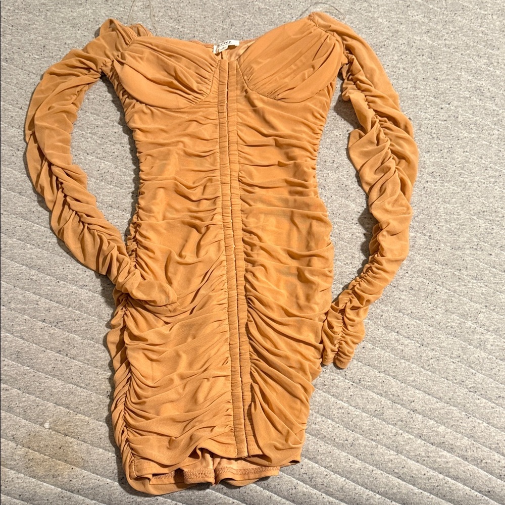 Privy Tan Long Sleeve Ruched Dress